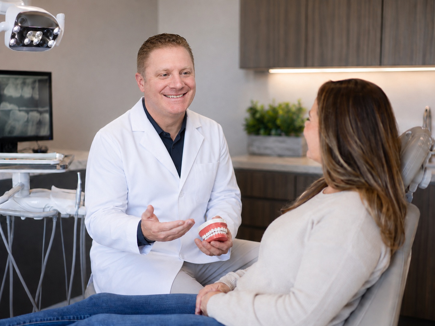 Dr. Steven Bauman explaining cosmetic treatment options with a dental model at Dunning Family Dental in Johnstown, NY.