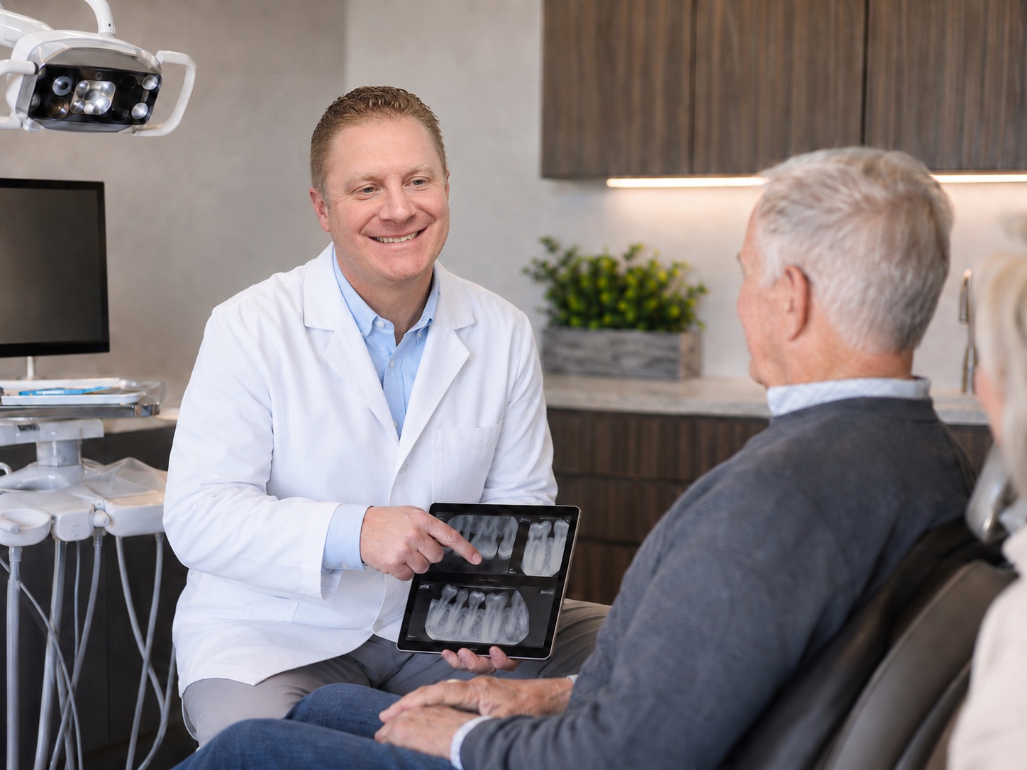 Dr. Steven Bauman greeting a patient on arrival, emergency care at Dunning Family Dental in Johnstown, NY.