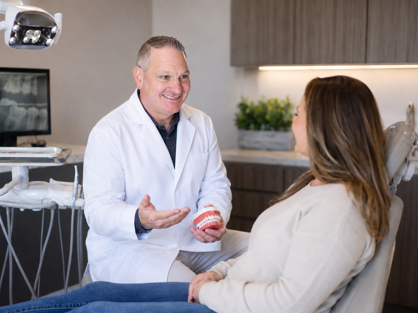 Dr. Anthony J. D'Addio explaining a treatment option with a dental model at Dunning Family Dental.