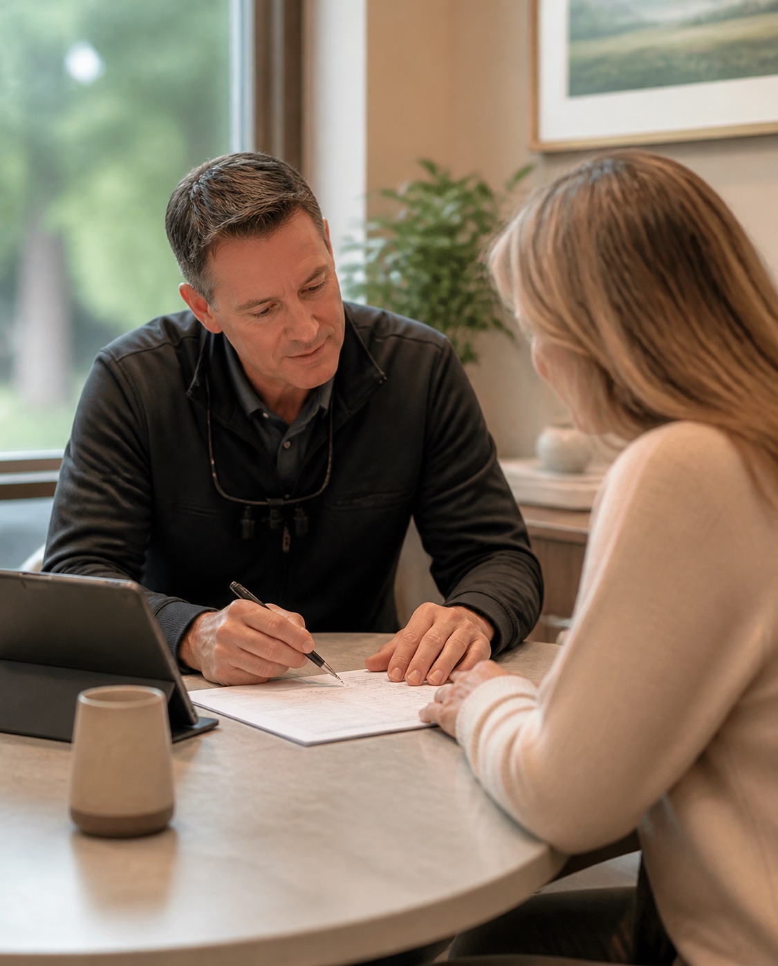 A patient and the doctor talking through a treatment plan at Dunning Family Dental.